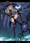  bike_shorts blue_eyes boots bug butterfly cloud crescent_moon gloves hat insect long_hair moon navel night original silver_hair sky smile solo staff thigh_boots thighhighs witch_hat zaza_(x-can01) 