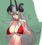  bikini bikini_top breasts bursting_breasts choker eu03 glasses highres horns huge_breasts long_hair mole mole_under_mouth original red_bikini semi-rimless_eyewear silver_hair solo swimsuit tsunoko under-rim_eyewear 