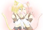  :d ^_^ animal_ears bad_id bad_pixiv_id belt blonde_hair blue_eyes blush braid breasts cat_ears cat_tail cleavage closed_eyes detached_sleeves face-to-face final_fantasy final_fantasy_xiv hands_clasped looking_at_another midriff miqo'te mode_(mode-n) multiple_girls navel open_mouth own_hands_together pink_background pink_hair polka_dot polka_dot_background ponytail short_hair small_breasts smile strapless tail tubetop whisker_markings white_headband yuri 