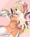  ;d apron blonde_hair blush bowl breasts flandre_scarlet food highres long_hair medium_breasts naked_apron noodles one_eye_closed open_mouth outstretched_arm red_eyes side_ponytail sideboob smile solo star thighhighs touhou tries white_legwear wings 