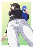  ahoge black_hair breasts brown_eyes foreshortening from_below glasses kouda_tomohiro large_breasts open_mouth pants servant_x_service shirt solo sweater taut_clothes taut_shirt yamagami_lucy 