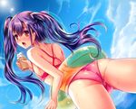  ass bikini brown_eyes bulge cloud day dutch_angle ice_cream_cone innertube long_hair male_focus ocean open_mouth original otoko_no_ko outdoors purple_hair shimaji sky solo swimsuit tongue twintails water 