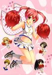  4girls :d ^_^ azuki_azusa blonde_hair blue_eyes brown_eyes brown_hair cheerleader chibi closed_eyes emanuella_porlallora full_body hentai_ouji_to_warawanai_neko. highres holding jumping kaho_okashii legs midriff multiple_girls navel open_mouth pink_hair pleated_skirt pom_poms ponytail shoes skirt smile sneakers tareme tsutsukakushi_tsukiko tsutsukakushi_tsukushi twintails uniform white_skirt yokodera_youto 