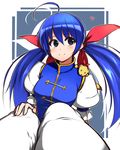  ahoge blue_eyes blue_hair blush breasts chinese_clothes fatal_fury ferret futaba_hotaru hair_ribbon itokatsu_(garou) long_hair mark_of_the_wolves medium_breasts puffy_short_sleeves puffy_sleeves ribbon short_sleeves sitting smile snk solo totosu twintails 