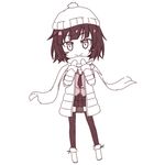  blush_stickers hat jacket kouji_(campus_life) lowres monochrome monogatari_(series) scarf senjougahara_hitagi short_hair solo thighhighs 