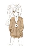  doughnut food food_in_mouth food_on_face hands_in_pockets hood hoodie kouji_(campus_life) long_hair lowres monochrome monogatari_(series) mouth_hold one_eye_closed oshino_shinobu pointy_ears side_ponytail solo 