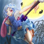  blue_eyes blue_hair breasts cleavage cleavage_cutout covered_nipples dekoorashiru heterochromia highres karakasa_obake medium_breasts moon red_eyes short_hair skirt solo tatara_kogasa tongue touhou umbrella 