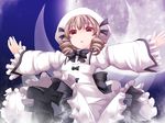  :o blonde_hair bow dress drill_hair full_moon hair_bow hat long_sleeves luna_child moon night night_sky open_mouth outstretched_arms red_eyes short_hair sky solo tano touhou wings 
