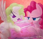  blonde_hair blue_eyes cutie_mark english_text equine female feral friendship_is_magic fur hair horse mammal my_little_pony pegasus pink_fur pink_hair pinkie_pie_(mlp) pony purple_eyes surgicalarts surprise_(mlp) text white_fur wings 