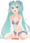  bikini bow breasts green_eyes green_hair hair_bow hatsune_miku long_hair miniskirt nokuran sitting skirt small_breasts solo swimsuit twintails very_long_hair vocaloid wariza 