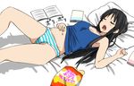  akiyama_mio bed belly black_eyes black_hair blush book breasts chips closed_eyes drooling food hand_on_own_stomach k-on! long_hair lying medium_breasts navel no_pants on_back open_clothes open_mouth panties potato_chips saliva scratching sleeping slovenly solo striped striped_panties tank_top underwear underwear_only watanore 