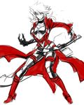  alpha-01 blazblue boots bra breasts center_opening choker claws devoured_by_darkness genderswap genderswap_(mtf) green_eyes heterochromia jacket kaneaki_mukku knee_boots large_breasts ragna_the_bloodedge red_eyes red_jacket sheath sheathed short_hair sketch solo underwear 