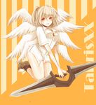  absurdres angel angel_(evangelion) angel_chromosome_xx bottomless breasts english grey_hair highres medium_breasts mitu-yuki multiple_wings neon_genesis_evangelion red_eyes seraph shirt smile solo tabris tabris-xx twintails weapon wings 