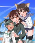  :d animal_ears aqua_eyes brown_eyes brown_hair cloud condensation_trail day fang francesca_lucchini gertrud_barkhorn miyafuji_yoshika multiple_girls open_mouth ryoujirou_(ryojiron) school_swimsuit sky smile strike_witches striker_unit swimsuit tail teeth world_witches_series 