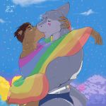  2018 5_fingers anthro anthro_on_anthro bisexual_pride_flag brown_fur brown_hair clothed clothing ear_piercing english_text eyes_closed fish flag fur grey_body hair hand_on_butt hand_on_head hi_res jockstrap kissing male male/male mammal marine outside pansexual_pride_flag piercing rainbow_flag rainbow_symbol repzzmonster shark shorts side_view signature standing text topless underwear 