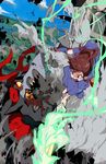  :d battle blue_dress dress electricity explosion flying full_body highres john_crayton kagari_atsuko little_witch_academia monster open_mouth outdoors smile smoke torch 