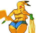  breasts butt clothed clothing female gloves l1zardman looking_back nintendo pikachu plain_background pok&#233;mon pok&#233;morph pok&eacute;mon shorts side_boob skimpy solo tight_clothing topless video_games white_background 
