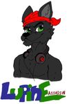  bandanna biceps black_fur black_nose bust canine cookiekangaroo fur green_eyes grin headphones looking_at_viewer lupine_assassin male mammal muscles pecs pose smile solo topless wolf 