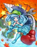  autumn_leaves backpack bag blue_hair boots boxing_gloves crowbar drill hair_bobbles hair_ornament hat kawashiro_nitori key open_mouth rubber_boots short_hair skirt skirt_set sleeves_rolled_up smile solo star teko touhou two_side_up wrench 
