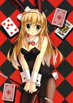  animal_ears argyle argyle_background azuki_azusa black_legwear blonde_hair blush breasts bunny_ears bunny_tail bunnysuit card checkered checkered_background cleavage hentai_ouji_to_warawanai_neko. highres kaho_okashii long_hair medium_breasts own_hands_together pantyhose playing_card simple_background standing tail v_arms wand wrist_cuffs yellow_eyes 
