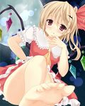  :p ascot barefoot blonde_hair blush feet flandre_scarlet hair_ornament long_hair long_toenails pov_feet red_eyes side_ponytail skirt skirt_set solo toenails toes tongue tongue_out touhou tries wings 