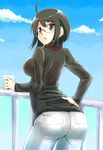  :&lt; :o ahoge arched_back ass bangs black_hair blue_sky bob_cut breasts brown_eyes cloud cowboy_shot cup day drink from_behind glasses hand_on_hip holding hourou large_breasts long_sleeves looking_at_viewer looking_back open_mouth outdoors pants pantylines railing servant_x_service short_hair sky standing surprised sweater tight tight_pants turtleneck yamagami_lucy 