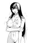  1girl aftersex black_hair breasts condom cum cum_on_body cum_on_breasts cum_on_upper_body kurofudo large_breasts monochrome nipples nude solo used_condom white_background 