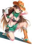  bad_id bad_pixiv_id bikini_top blush book boots breasts brown_hair cleavage cowboy_hat fringe_trim full_body hat large_breasts legs long_hair looking_at_viewer mf_bunko navel one_knee open_book original pinstripe_pattern recursion scarf shiny shiny_skin skirt solo sonsoso spurs striped thighs very_long_hair western yellow_eyes 