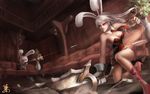  animal_ears battle_bunny_riven breasts bunny_ears bunnysuit cleavage dart foliage_(artist) goggles large_breasts league_of_legends long_hair necktie no_legwear red_eyes riven_(league_of_legends) sword teemo vase weapon white_hair yordle 