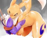  ass_up black_eyes blue_fur bound breasts butt canine digimon female fist fox fur gloves grey_background hanging_breasts looking_down mad mammal nipples nude pink_skin plain_background pointy_ears purple_fur raised_arm renamon rope shadow shiny solo sunibee sweat unknown_artist white_eyes white_fur white_nose yellow_fur 