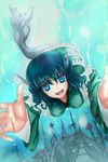  blue_eyes blue_hair breasts building head_fins japanese_clothes long_sleeves medium_breasts mermaid monster_girl open_mouth realdragon short_hair smile solo swimming touhou underwater underwater_city wakasagihime wide_sleeves 
