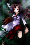  animal_ears bamboo bamboo_forest brooch brown_hair dress fang fingernails forest imaizumi_kagerou jewelry long_fingernails long_hair long_sleeves moonlight nature open_mouth realdragon red_eyes solo tail touhou very_long_hair wide_sleeves wolf_ears wolf_tail 