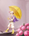  backpack bad_id bad_pixiv_id bag black_hair boots child dixie_cup_hat flower green_eyes hat higashikata_jousuke_(jojolion) hydrangea jojo_no_kimyou_na_bouken jojolion male_focus military_hat nagiko_(mangalove1111) shorts solo umbrella yellow_footwear younger 