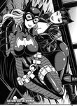  batgirl belt breasts catwoman chiba_toshirou dc_comics greyscale impossible_clothes large_breasts loose_belt mask monochrome multiple_girls stephanie_brown utility_belt 