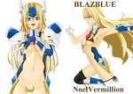  bad_id bad_pixiv_id basuchian black_legwear blazblue blonde_hair blue_eyes blue_footwear boots breasts cameltoe elbow_gloves forehead_protector gloves long_hair maebari mecha_musume medium_breasts mismatched_gloves mu-12 navel necktie noel_vermillion pauldrons revealing_clothes running smile spoilers thighhighs torn_clothes underboob white_gloves 