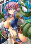  bestiality blush breasts cameltoe covered_nipples cunnilingus cunnilingus_through_clothes green_eyes hair_ornament highres hoshizuki_(seigetsu) large_breasts leg_lift navel nipples one_breast_out oral original purple_hair solo tentacles tentacles_under_clothes 