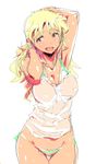  armpits blonde_hair breasts cleavage covered_nipples highres hoshii_miki idolmaster idolmaster_(classic) large_breasts long_hair no_pants open_mouth panties side-tie_panties simple_background sketch solo thigh_gap underwear white_background zasha 