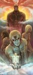  absurdres armored_titan bad_id bad_pixiv_id blonde_hair blue_eyes christa_renz colossal_titan creature dancing_titan exposed_muscle faux_traditional_media female_titan highres outstretched_arms see-through shingeki_no_kyojin size_difference smoke spoilers spread_arms usamichan 
