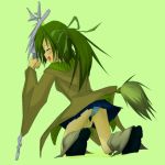  azukilib bangs between_legs black_footwear blue_panties blue_skirt blush breasts brown_coat coat embarrassed eyes_closed female from_behind full_body green_background green_hair green_ribbon grey_legwear hair_ribbon hand_between_legs hand_up have_to_pee holding holding_staff kneehighs kneeling long_sleeves miniskirt open_mouth panties peeing peeing_self pleated_skirt puddle ribbon shoes sideways_mouth simple_background skirt small_breasts solo staff tears tied_hair twintails underwear upskirt wet wet_clothes wet_panties wynn yu-gi-oh! 