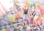  2girls animal_slippers aqua_eyes aqua_hair artist_name belt bespectacled blonde_hair blue_eyes book bracelet bunny_slippers checkered checkered_floor choker couch curtains cushion denim from_above glasses hatsune_miku headphones headphones_around_neck jeans jewelry kagamine_len kagamine_rin long_hair multiple_girls necklace pants plant potted_plant short_hair short_shorts shorts sitting skirt smile stuffed_animal stuffed_toy teddy_bear thighhighs tiger_slippers twintails vocaloid zenyu 