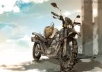  artist_name bare_shoulders blonde_hair blurry cloud day demizu_posuka depth_of_field face_down ground_vehicle motor_vehicle motorcycle original shade sky solo 