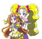  arm_warmers blonde_hair bow brooch bubble_skirt choker circlet cure_muse_(yellow) frills futari_wa_precure futari_wa_precure_max_heart green_eyes hair_ribbon heart highres jewelry kujou_hikari long_hair magical_girl monyotarosu multiple_girls open_mouth orange_hair precure red_eyes ribbon shiny_luminous shirabe_ako skirt smile suite_precure twintails yellow_bow yellow_choker yellow_skirt 