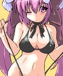  ;o animal_ears bikini black_bikini blush bow breasts bunny_ears choker cleavage di_gi_charat dice gomamiso_(gomamiso_sp) hair_bow large_breasts long_hair looking_at_viewer oekaki one_eye_closed orange_background pink_hair purple_eyes purple_hair ribbon ribbon_choker simple_background solo swimsuit twintails untying usada_hikaru very_long_hair yellow_background 