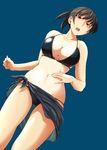  amagami bikini black_bikini black_eyes black_hair black_sarong blue_background blush breasts cleavage from_below large_breasts legs long_hair looking_at_viewer lowleg lowleg_bikini navel open_mouth ponytail sarong sasaki_akira_(ugc) simple_background solo swimsuit thighs tsukahara_hibiki 