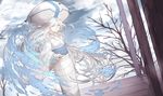  big_hat cloud eyelashes grey_eyes highres japanese_clothes kimono kuroageha_(mushibugyou) long_hair mushibugyou nine_(liuyuhao1992) obi sash sky solo tree_branch very_long_hair white_hair 