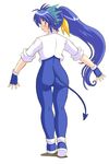 ass blue_eyes blue_hair blush demon_tail fingerless_gloves from_behind gloves gomamiso_(gomamiso_sp) jacket long_hair looking_back miwajou original ponytail simple_background sleeves_rolled_up solo tail very_long_hair white_background 