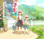  1girl bag banner black_hair blouse blush bucket cat day flip-flops flower forest frown hand_net hat height_difference holding_hands kooribata lake landscape long_hair looking_at_viewer messenger_bag morning_glory mountain nature nobori original outdoors pleated_skirt pon_(cielo) sandals scenery shadow shirt shoes shop short_hair shoulder_bag skirt slippers smile tree twintails white_shirt 