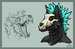  airu canine fangs glowing_eyes mammal open_mouth portrait scar sketch skull solo teal_hair undead wolf 