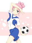  arm_up ball blue_eyes blush blush_stickers breasts earth_eleven inazuma_eleven_(series) inazuma_eleven_go inazuma_eleven_go_galaxy lang_(chikage36) lightning_bolt medium_breasts nozaki_sakura one_eye_closed pink_hair smile soccer soccer_ball soccer_uniform solo sportswear telstar white_background 