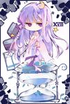  book chibi crescent crescent_hair_ornament hair_ornament hourglass kotatu_(akaki01aoki00) long_hair no_hat no_headwear patchouli_knowledge purple_eyes purple_hair solo star tarot touhou 